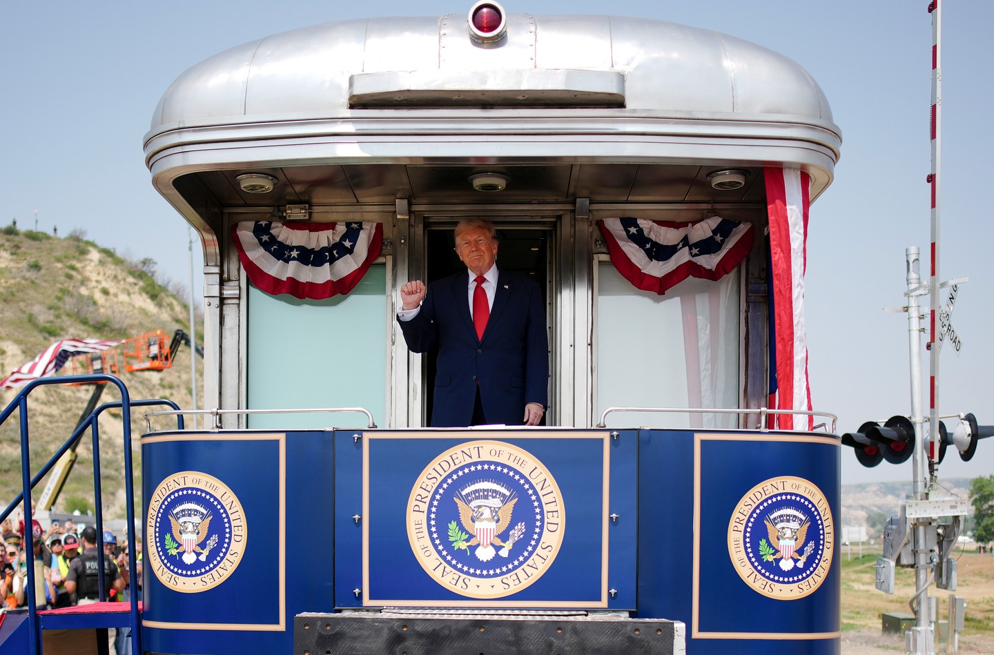 President Trump arrived aboard the Freedom 250 Train ahead of Wednesday's dedication ceremony for the Theodore Roosevelt Presidential Library in Medora, North Dakota. (Photos: Getty Images)