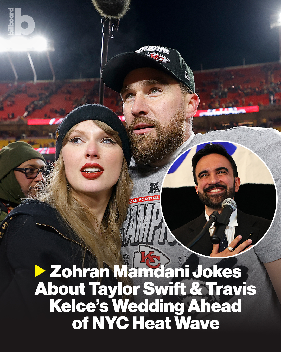 New York City Mayor Zohran Mamdani has some advice for Taylor Swift and Travis Kelce ahead of their rumored wedding weekend. ⁠
⁠
With a historic heat wave expected to hit New York City over Fourth of July weekend, Mamdani urged residents to stay indoors and keep cool, before joking about the reported wedding venue.⁠
⁠
“If you happen to be getting married at Madison Square Garden, you will be staying inside and you will be staying cool,” the mayor said with a smile during a Tuesday (June 30) press conference.⁠
⁠
Neither Swift nor Kelce have confirmed reports that they’ll tie the knot at Madison Square Garden, but the venue has been rumored to host the highly anticipated celebration.⁠
⁠
Watch Mamdani’s comments at the link in bio.