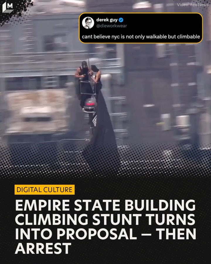 Some New York City proposals involve a skyline view. This one involved police custody.

Two people were arrested Wednesday, July 1, after climbing to the top of the Empire State Building, unfurling a banner, and apparently turning the whole thing into a marriage proposal 1,454 feet above midtown Manhattan.

The climbers were identified as Angela Nikolau and Ivan Beerkus, the Russian daredevil couple and content creators highlighted in the 2024 Netflix documentary Skywalkers: A Love Story.

Police took the pair into custody after they descended, while a spokesperson for The Empire State Building called the incident “unauthorized.” Their social media team, on the other hand, used the moment to poke fun at another big event happening in New York City this week (cough Taylor Swift and Travis Kelce).

Swipe for some of our favorite tweets about the incident.