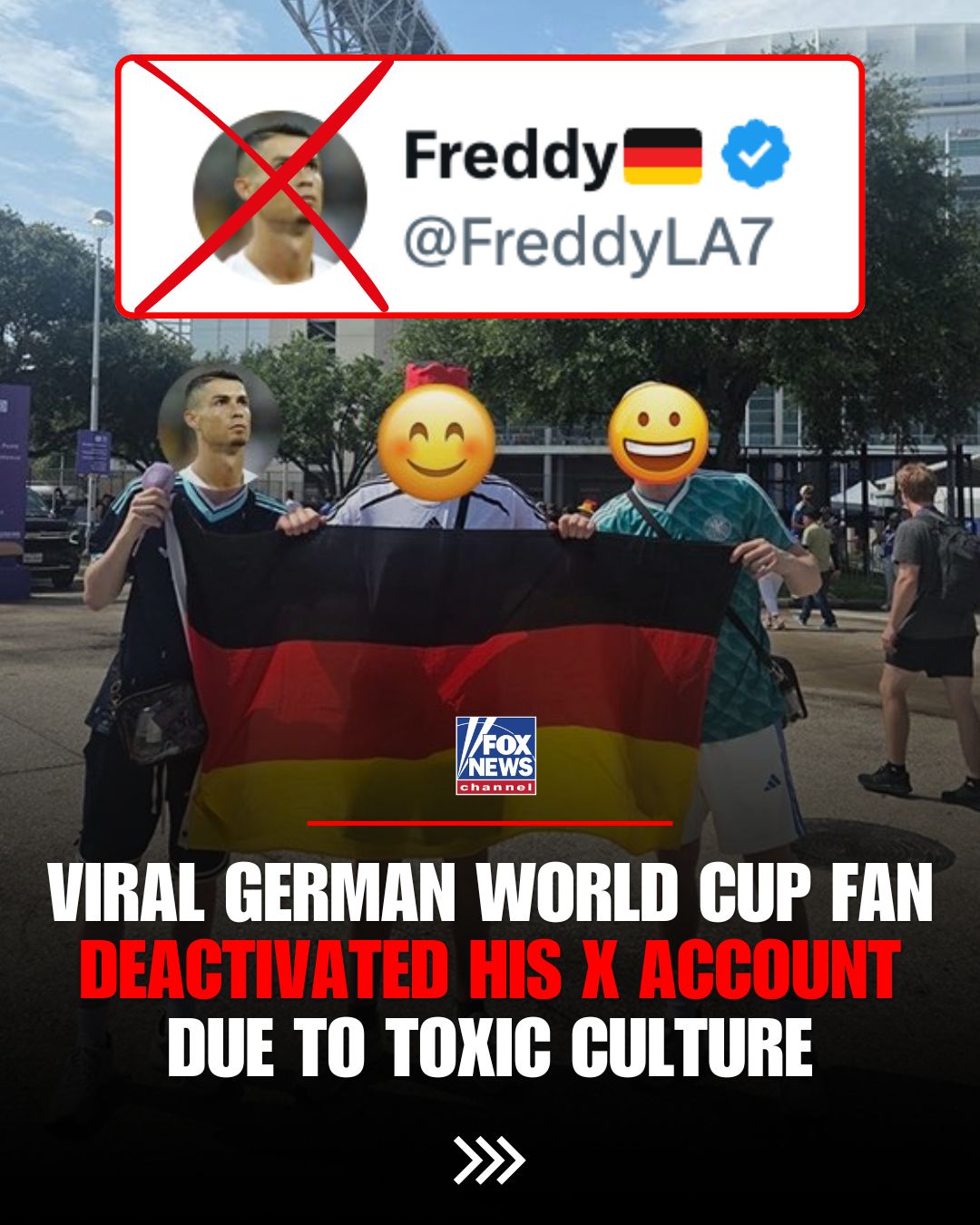 A German World Cup fan hiding behind a Cristiano Ronaldo photo has somehow become one of the internet's biggest mysteries.

Known only as Freddy, or freddyla7, the anonymous traveler documented his road trip across the U.S. with friends throughout the World Cup on X, all while never revealing his face. As his photos and videos took off, celebrities including Ella Langley, Gordon Ramsay, and J.J. Watt joined in on the journey, fueling even more curiosity.

But as his popularity grew, so did the backlash. Critics questioned how he kept landing viral moments and celebrity attention, with some accusing him of getting opportunities most American never would.

Freddy has since stepped away from posting, leaving a message on Instagram saying people were "ruining the fun" of his group's road trip with the hate they were receiving on X.

"It's just too toxic over there."

His sudden exit has only added to the mystery surrounding the viral account.