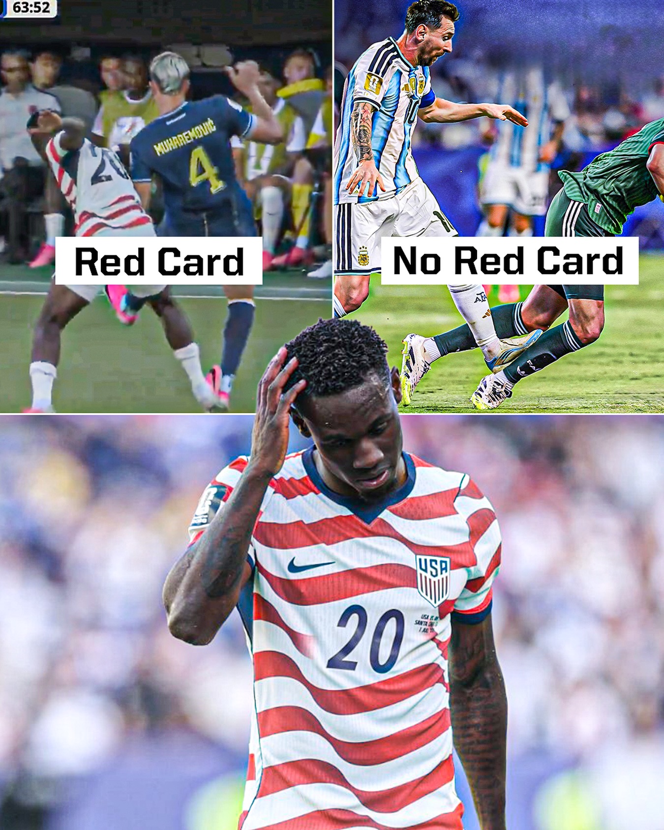 Just a reminder that USMNT striker Folarin Balogun received a red card after a VAR check on this challenge. 

Earlier in the tournament, Lionel Messi didn’t get a yellow card or even a VAR check for a similar challenge.