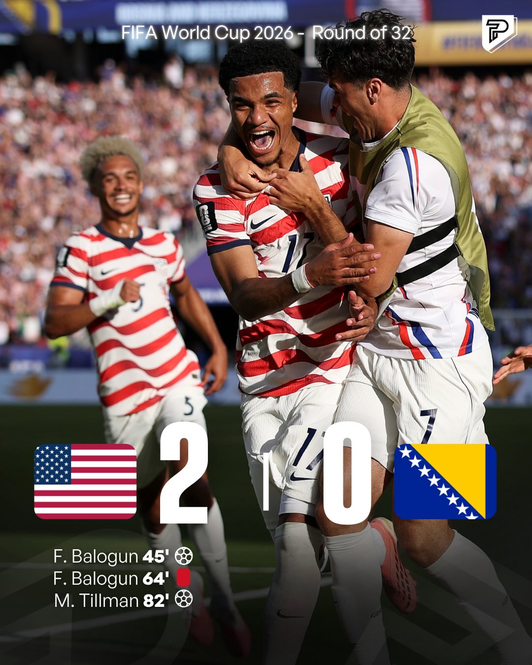 The USA are through to the next round after a 2-0 win over Bosnia & Herzegovina. 🇺🇸🏆

Folarin Balogun got them off the mark before Malik Tillman doubled the lead, sealing another HUGE World Cup victory for the USMNT.

Business handled, knockout football continues. 👀⚽

#Pubity #WorldCup2026 #Football