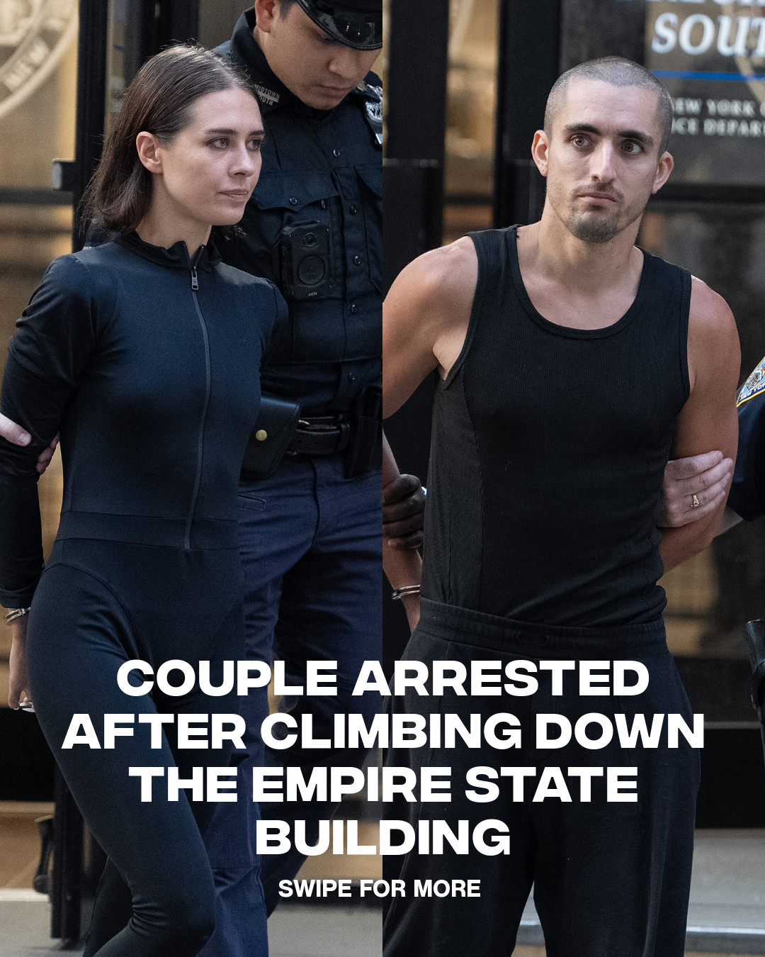 Angela Nikolau and Ivan Kuznetsov were arrested after climbing the empire state building. 

The couple was charged with burglary, reckless endangerment, criminal mischief, violation of local laws, possession of burglar's tools, criminal tampering, criminal trespass and disorderly conduct.
ㅤ

(📸: @angela_nikolau @beerkus , @cspan , GETTY )