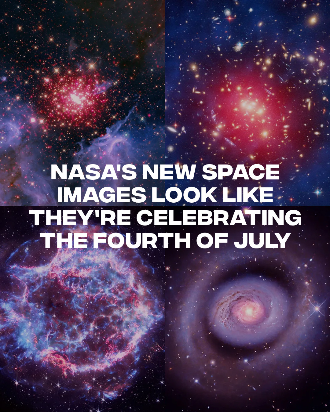 NASA released four new red-white-and-blue space photos for America's 250th birthday on July 4.
ㅤ
They come from the Chandra X-ray telescope and show a distant galaxy cluster, a spiral galaxy, a nebula packed with giant stars, and the leftover glow from an ancient supernova. NASA even turned the data into music.
ㅤ

📸: NASA
