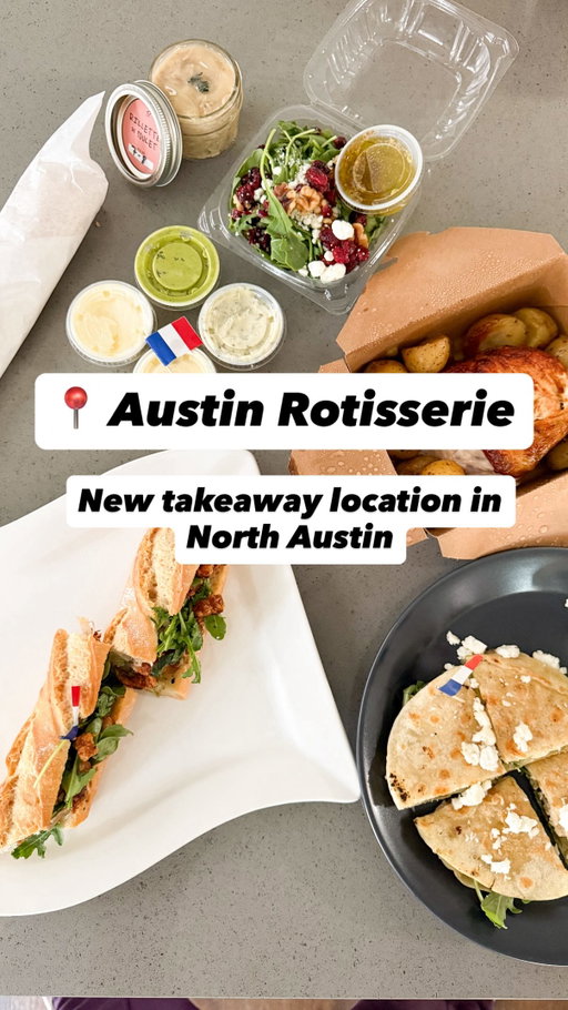 ✨ New New ✨ French Comfort Food now available in North Austin!

@austinrotisserie has opened a takeaway only location in North Austin and I couldn’t be more excited! I’ve been eating their yummies since they were a food truck at the old Infinite Monkey Theorem (where Wanderlust Wine is now off Shady Lane)! Getting down to Fareground isn’t always convenient, but just order online and swing by the drive thru at @atx_kitchens and enjoy Austin Rotisserie in the comfort of your home!

This new location has an expanded menu - be sure to order all of this and more:
🐓 quarter or half rotisserie chicken
🧀 French kinda quesadilla - WE LOVED THIS NEW ITEM
🥗 Salade de Chèvre - so fresh!
🥖 Porchetta Baguette - new addition that was sooooooo satisfying!
🐓 Rillettes de Poulet - they have pate and rillettes which make the perfect addition to a meal!
🍫 Mousse Au Chocolat - insanely light and fluffy and the perfect end to a meal!

Thanks for taking care of our dinner! Will be ordering again to try all of the menu soon 🤤 🇫🇷
-
-
-
#northaustin #frenchfood #nowopen #baguette #poulet 
Where to eat French food in Austin, baguette, chocolate mousse, rotisserie chicken, oui oui
