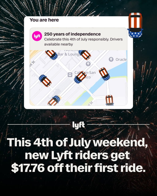 Happy 250 🇺🇸 In America, riders are free to choose! That’s why we’re giving new Lyft users $17.76 off their first ride with code “USA250” this holiday weekend.

Valid for new US-based Lyft riders *limited time only* July 3-5 (while supplies last).