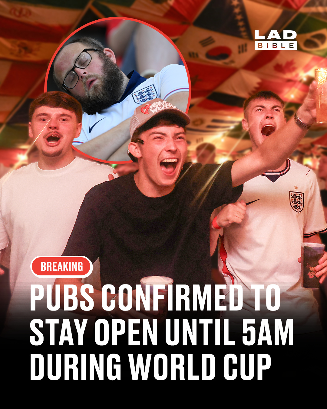 THIS IS HUGE 🍻⁠
⁠
Pubs in England and Wales will now be allowed to stay open until 5am on Monday so supporters can watch England's World Cup last-16 clash against Mexico all the way to the final whistle.⁠
⁠
The match kicks off at 1am UK time in Mexico City and isn't expected to finish until after 3am.⁠
⁠
The government had initially said it would not extend licensing hours any further for the tournament, before reversing the decision on Thursday.⁠
⁠
Prime Minister Keir Starmer said: "Football might be coming home but we're making sure fans don't have to."⁠
⁠
The extended hours mean fans can watch the game in their local without pubs needing to apply for a temporary licence extension.⁠
⁠
#WORLDCUP2026 #Pub #LADbible