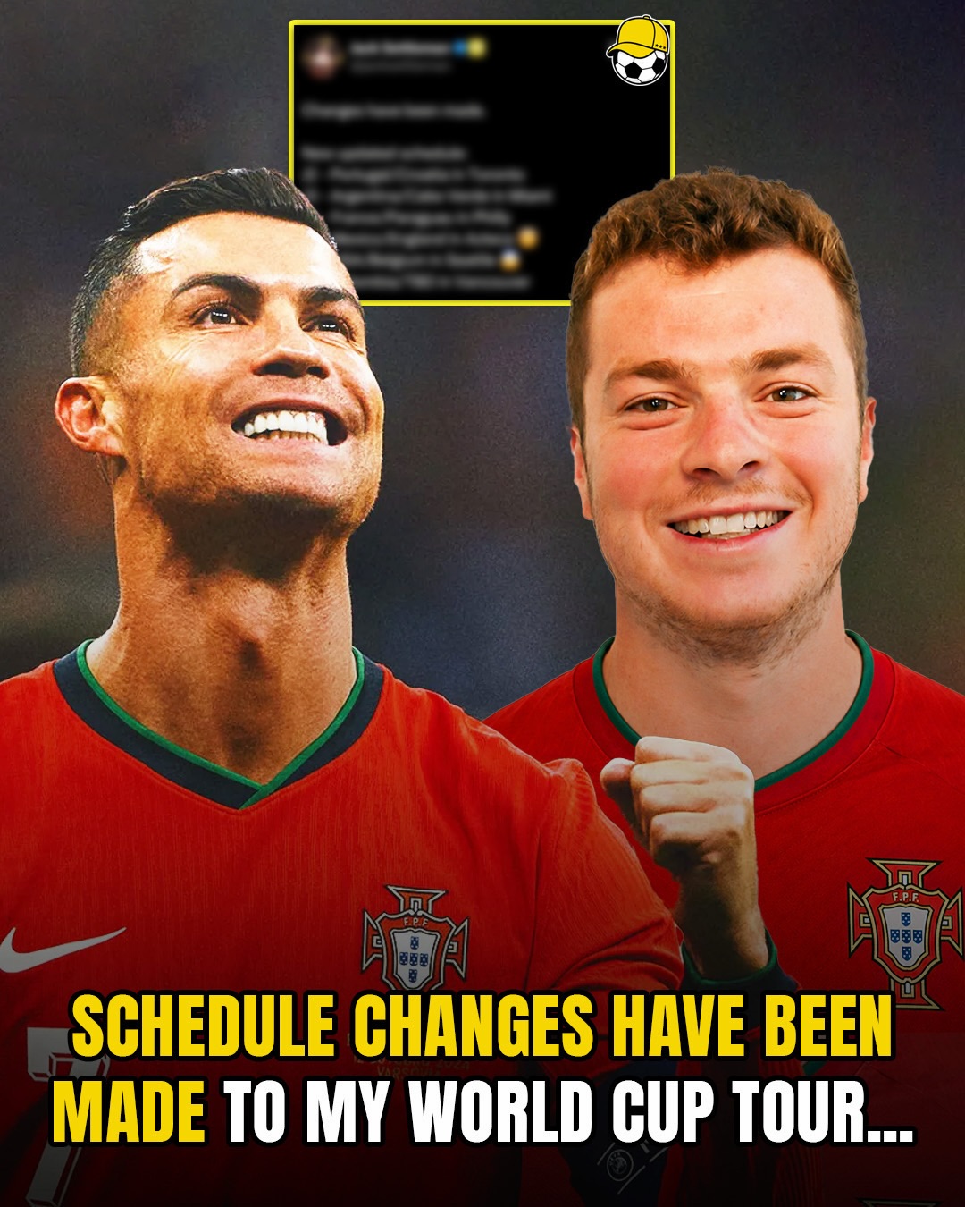 Schedule Changes have been made to My World Cup Tour for the upcoming week (Days 22-27)…

• Breaking the curse tonight by rooting for Ronaldo/Portugal 
• Rerouted to the must-see Round of 16 Matches 
• Mexico City for England/Mexico where I’ll be the Villian by rooting for England 
• USA/Belgium where I’ll be the Hero by rooting for Belgium
