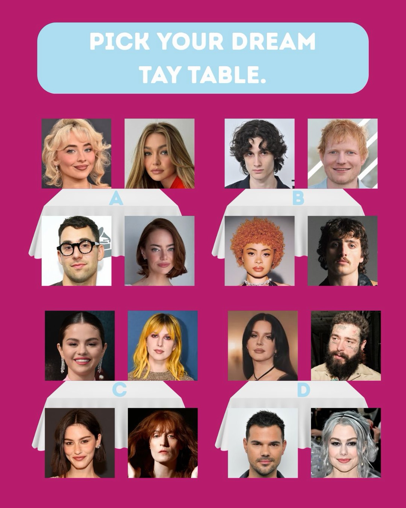 You’ve made it on the guest list for Taylor Swift’s wedding. 🎊Now comes the hard part, where are you sitting? 👀
Drop your table choice in the comments and let us know who’s at your dream table ✨

#TaylorSwift #TaylorSwiftWedding