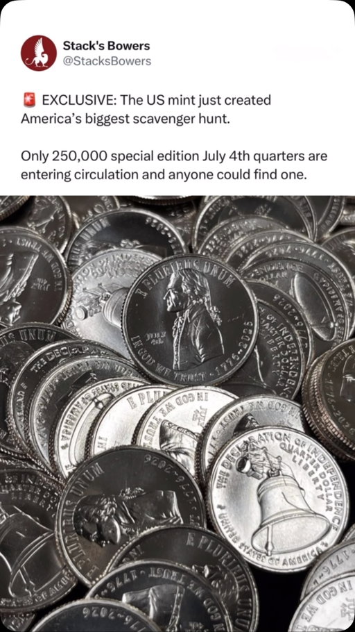 America’s biggest scavenger hunt is officially underway 🪙

To celebrate America’s 250th anniversary, the U.S. Mint has released just 250,000 quarters featuring an exclusive July 4th privy mark into everyday circulation.

That may sound like a lot, until you realize the Mint produces billions of quarters each year.

Your next coffee, grocery run, or trip to the bank could put one in your pocket.

Time to start checking your change.

Would you recognize one if you found it? 👀