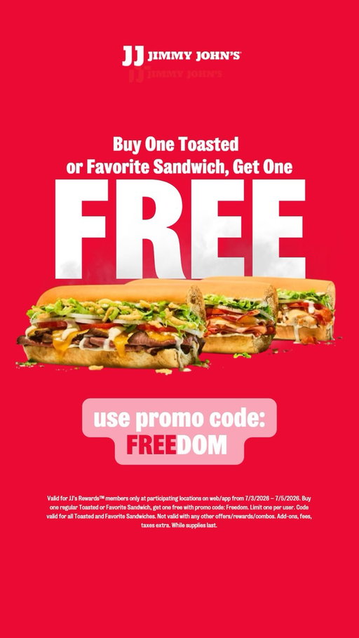 bread white and blue szn 🥖🤍💙 use promo code FREEDOM to get BOGO Toasted or Favorite Sandwiches online or in the app from 7/3 to 7/5 with JJ Rewards™