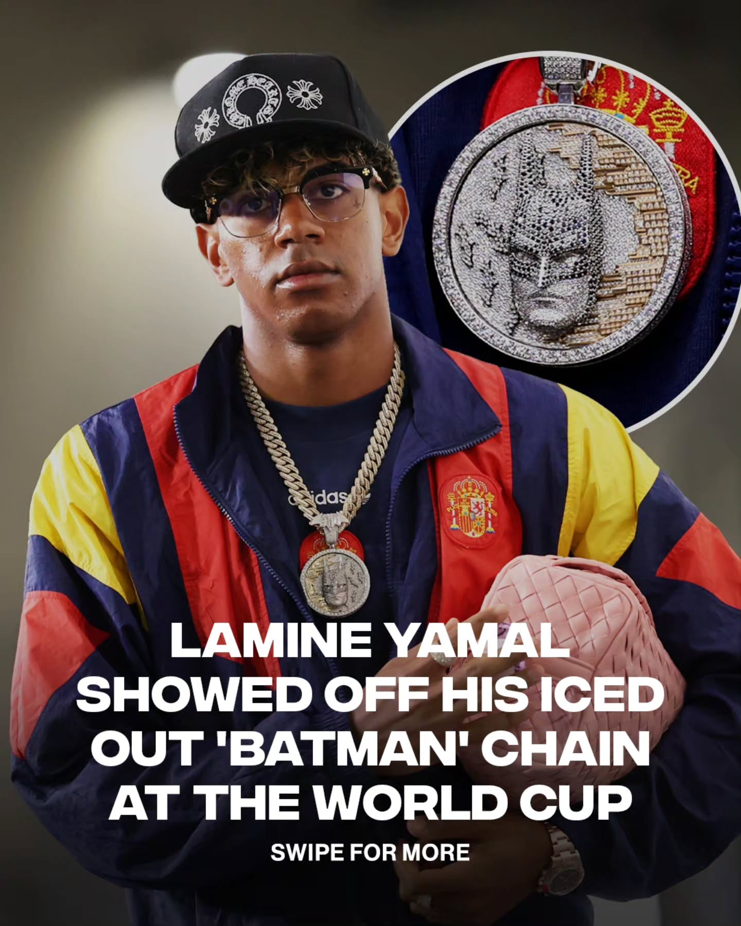 Lamine Yamal x Batman 🦇🥶

Lamine Yamal pulled up to the stadium in an iced out Batman chain before his World Cup match against Austria.

📷 Getty Images