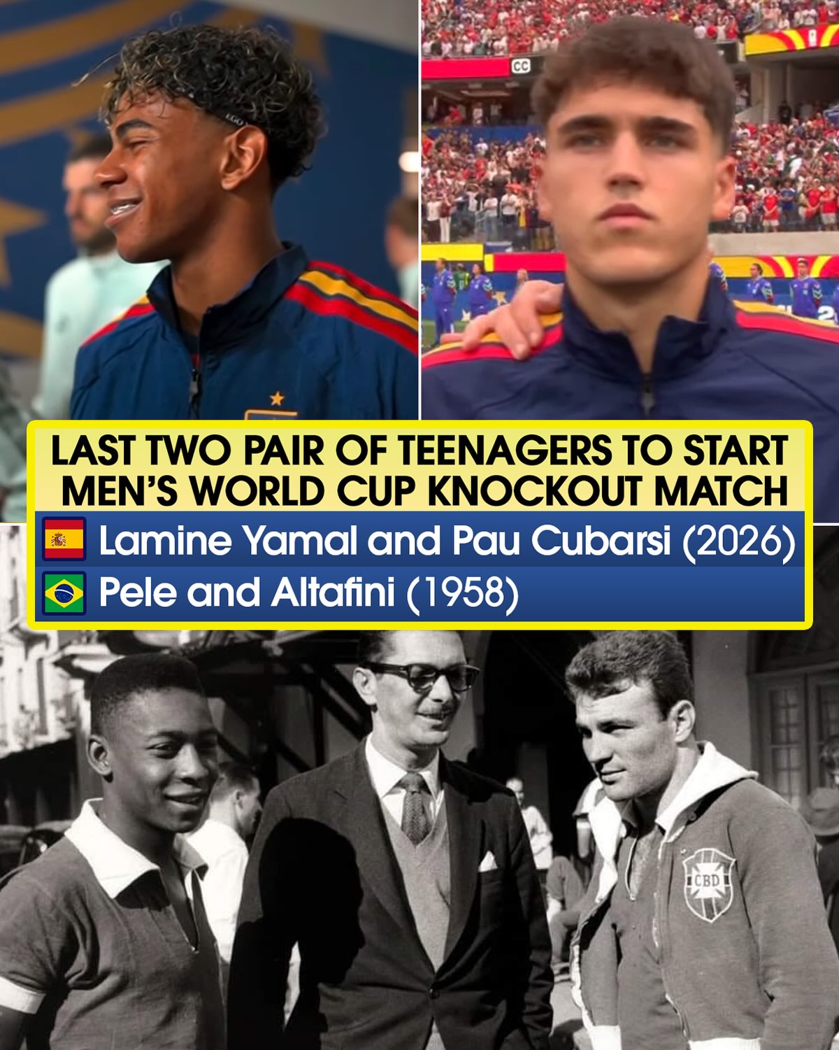 SPAIN RELY ON THEIR YOUTH 👶🇪🇸

Lamine Yamal (18) and Pau Cubarsi (19) are the first pair of teenagers to start a World Cup match since Pele and Altafini in 1958 🤯