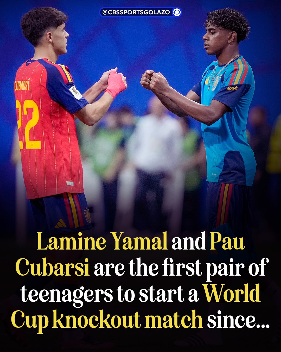 Before today, no pair of teenagers had started a World Cup knockout match for a nation since 1958 😳

Barcelona’s Lamine Yamal and Pau Cubarsi break that drought 🇪🇸