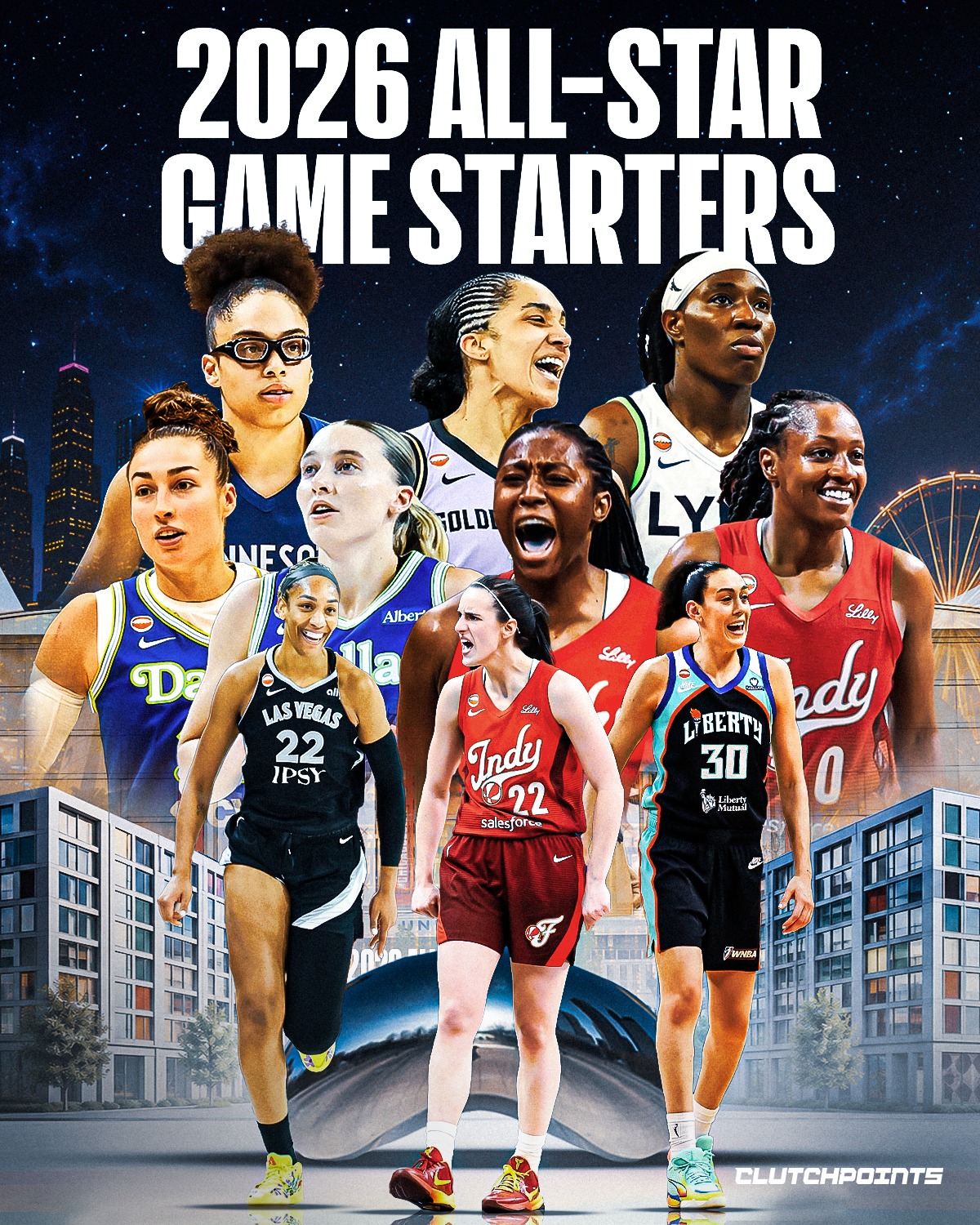 The stage is officially set for the 2026 WNBA All-Star Game.

The 2026 WNBA All-Star starters have been announced:

⭐ Caitlin Clark
⭐ Paige Bueckers
⭐ Aliyah Boston
⭐ Natasha Howard
⭐ Olivia Miles
⭐ Kelsey Mitchell
⭐ Jessica Shepard
⭐ Breanna Stewart
⭐ Gabby Williams
⭐ A'ja Wilson

From established superstars to first-time starters, this year's lineup showcases the incredible talent across the league and sets the stage for another unforgettable All-Star weekend.

Which starter are you most excited to watch? 🌟⬇️

#allstar #wnba #chicago
