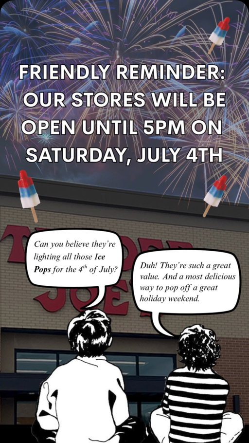 👉REMINDER: All #TraderJoes stores will be open until 5pm on Saturday, July 4th. Stop by and grab what you need for a fun, festive, food-filled Fourth! 🎆🎉🍽️