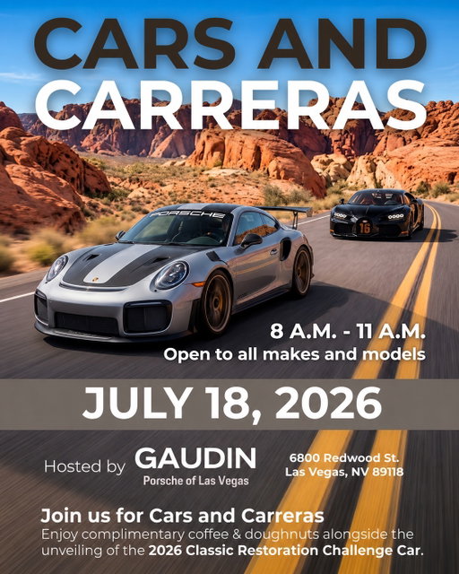 Come join us for our second Cars and Carreras at Gaudin Porsche of Las Vegas. Our first event was a huge success and we hope to see you at this one. All makes and models are welcome and encouraged. Be Sure to RSVP through the link in our bio.
•
•
•
•
•
•
#CarsandCarreras #Porsche #CarEnthusiast
#PorscheClassic #ClassicCars #Restoration
#PorscheUSA #Carshow #CarsandCoffee #Porschelife
#Carreras