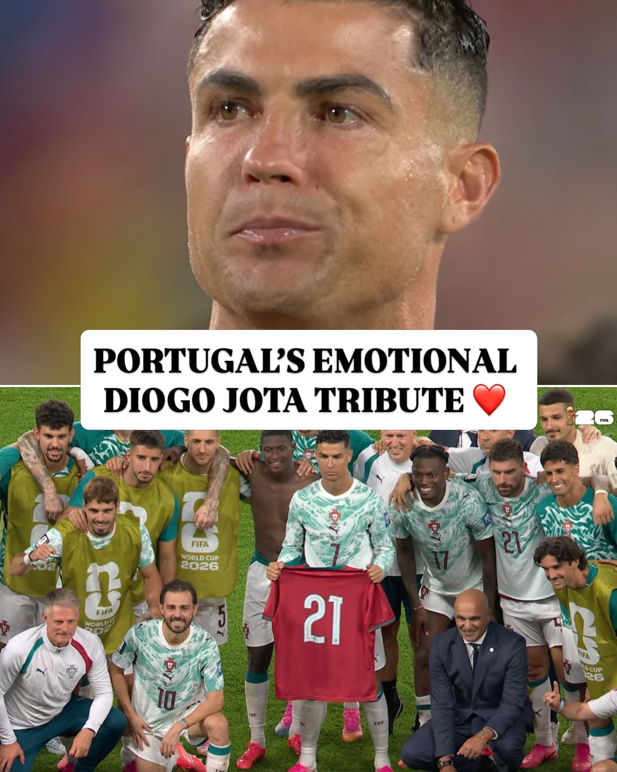 Cristiano Ronaldo donned a Diogo Jota Portugal shirt and participated in a tribute with his teammates after beating Croatia 2-1 in the World Cup, the day before the one-year anniversary of Jota’s tragic passing ❤️