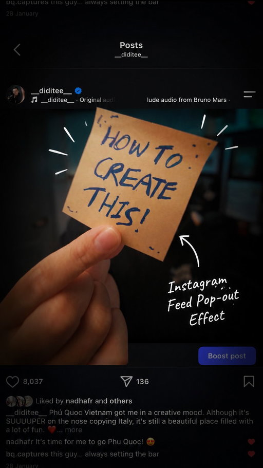 This is the Instagram Feed Pop Out Effect!
And here’s how you do it! 📱

Inspiration @celfstudies 

1️⃣ Write something on a Post-it note and film yourself pushing the note towards the camera.

2️⃣ Screenshot one of your Instagram posts.
Crop the top half and save it.
Then crop the bottom half and save that too.

3️⃣ You should now have two cropped screenshots.

4️⃣ Open CapCut and import your video along with both screenshots.

5️⃣ On both screenshots, tap Overlay and drag them below your video.
Resize them so they match the full length of your clip.

6️⃣ Reposition the screenshots until they perfectly recreate your Instagram feed.

7️⃣ Select your original video and tap Duplicate.

8️⃣ On the duplicated clip, go to Remove Background → Custom Removal.
Paint over the Post-it note.

9️⃣ Tap Overlay one final time and drag the duplicated clip below everything else.

Voila!
You get this really cool Instagram feed pop out effect.

Like and follow for more!

#filmmaking #editing #videography #tutorial