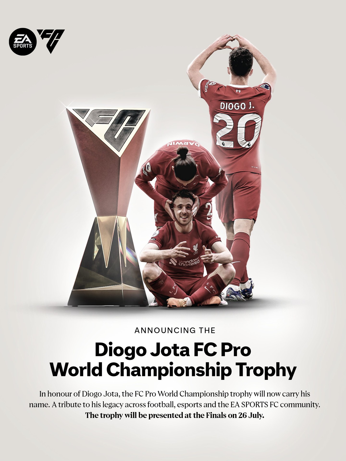 We honour the legacy of Diogo Jota with the announcement of the Diogo Jota FC Pro World Championship Trophy. 💚

With his family's blessing, the trophy has been renamed in recognition of Diogo's love for EA SPORTS FC and his passion for esports - both as a competitor and as the founder of his own esports team.

It will be lifted for the first time this summer at the FC Pro World Championship. We will continue working with Diogo's family to find meaningful ways to honour his legacy. Our thoughts remain with his family, friends, teammates, and everyone who knew and admired him.
