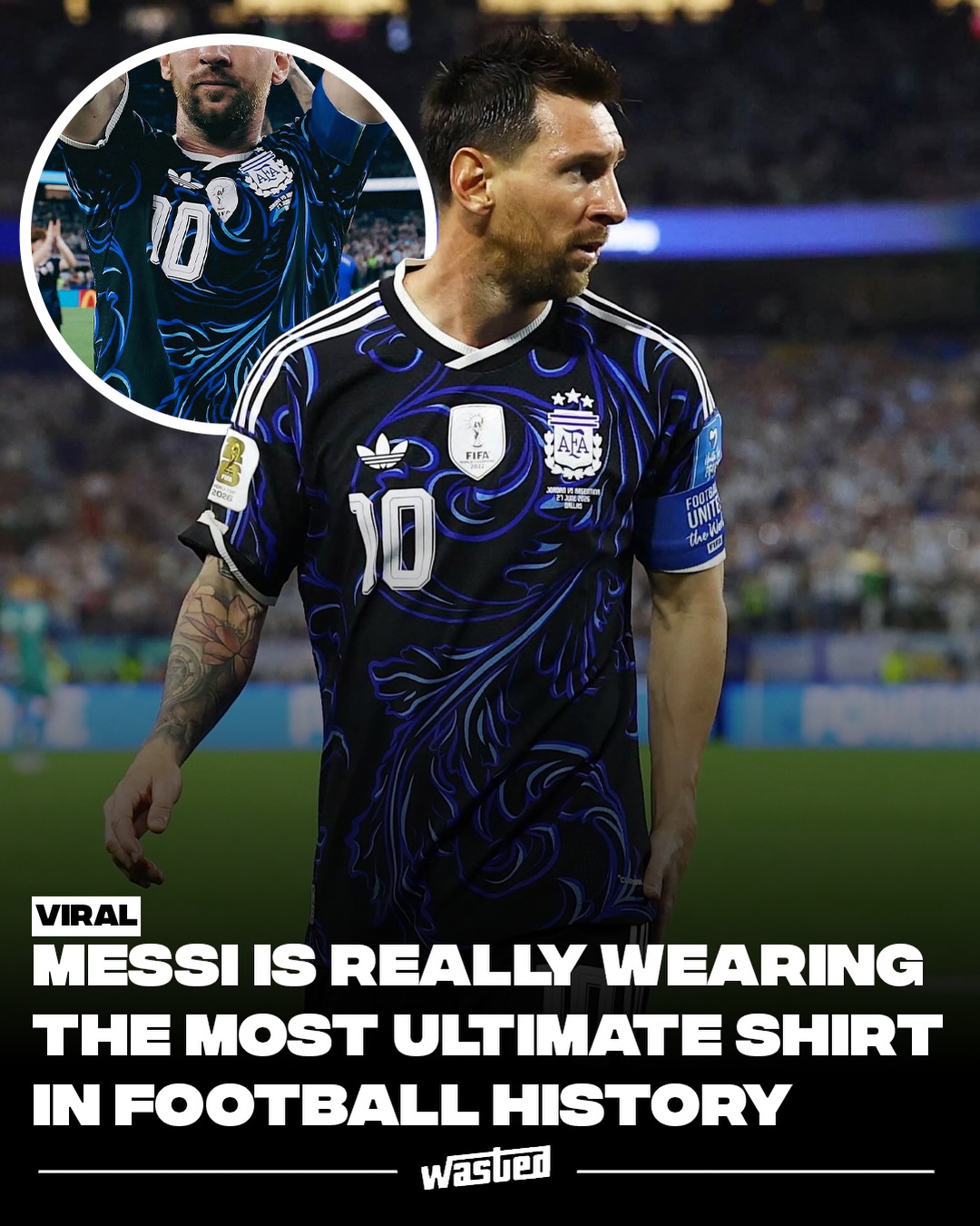 Lionel Messi may be wearing the most decorated shirt in football history at the 2026 World Cup, a jersey almost as ornamented as his career. He is, in fact, the only player in the entire tournament carrying four gold patches, thanks to a new badge system FIFA introduced for this edition.

Above the crest sit three World Cup stars, marking Argentina's titles in 1978, 1986, and 2022. Two of the gold markings honor the team as reigning champions: the FIFA World Champions Badge, positioned dead center on the chest, and the golden World Cup sleeve badge on the right arm, reserved for nations that have won the tournament.

The other two patches are personal to Messi. The Legacy Patch, on his right sleeve, celebrates players appearing in their fifth or sixth World Cup, a group headlined by Messi, who became the first man ever to play in six. And the Golden Ball Patch on his lower left sleeve recognizes him as the best player of the 2022 World Cup, though it's nearly impossible to spot during matches, since it sits hidden beneath his captain's armband. It was a fitting shirt for the occasion: Messi marked his opener against Algeria by scoring a hat-trick at 38.

Sources: Footy Headlines, Yahoo Sports, Sofascore.