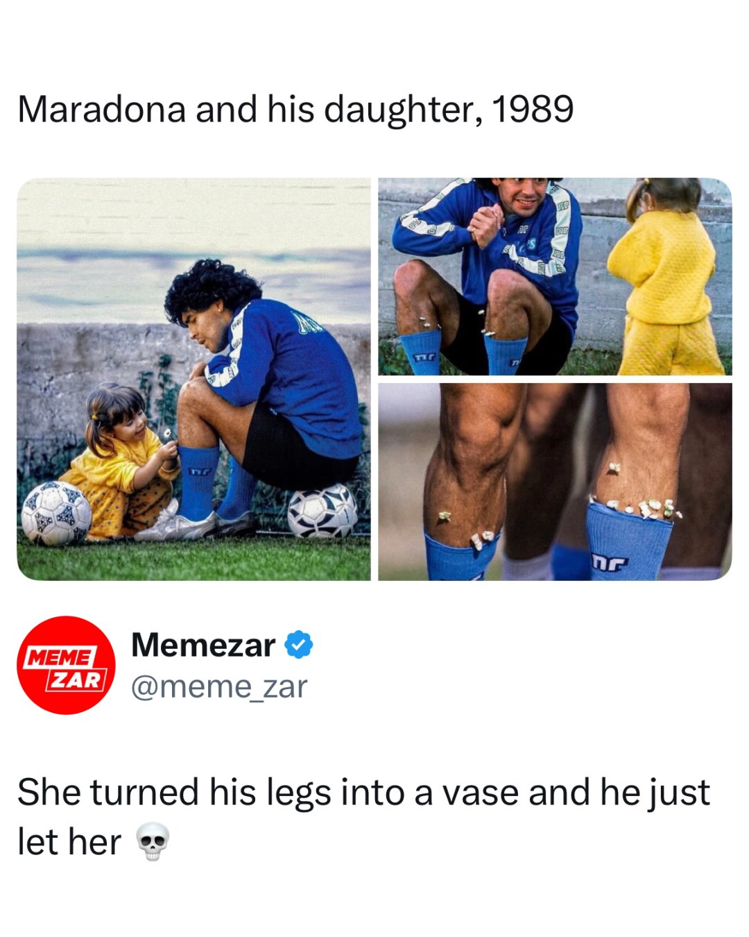 One of the toughest men to ever play the game turned into a flower vase the second his daughter asked 😭

This is Diego Maradona in 1989, at the absolute peak of his powers, sitting still while his little girl tucks daisies into his socks one by one. The same legs that terrorized defenders and won a World Cup, quietly repurposed into a flower holder because his daughter decided that's what they were for.

That's the softest thing about the toughest people. On the pitch he feared no one, but the moment his kid started decorating him he just sat there and let it happen. Dads and their daughters run on a different set of rules, and every one of them ends with a grown man covered in flowers pretending he minds.