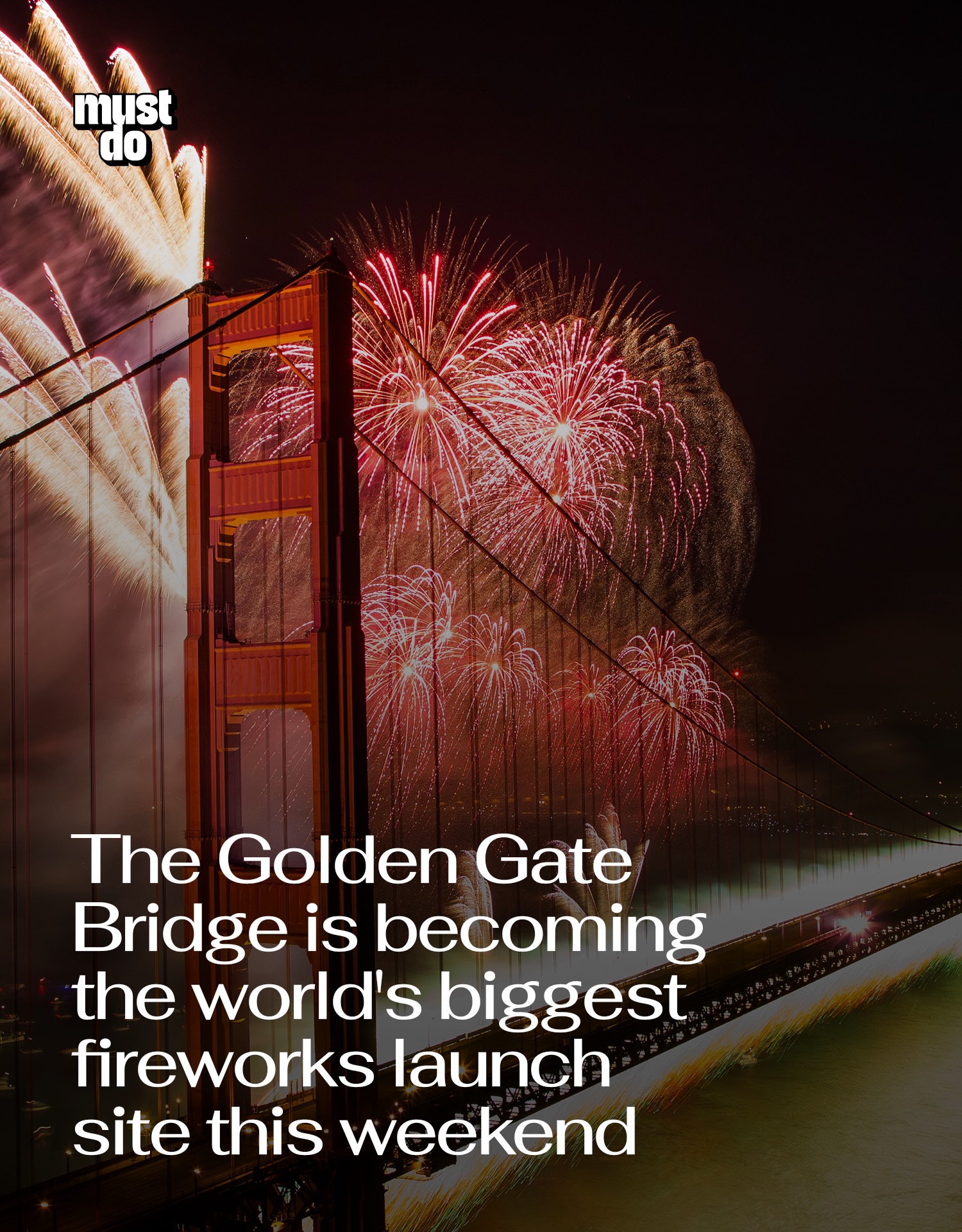 San Francisco is celebrating America’s 250th birthday with its only official fireworks show of the year, and for the first time, they’ll be launched directly from the towers of the Golden Gate Bridge.

The free display is scheduled to begin around 9:30 p.m. tonight, with the best views from Crissy Field, Marina Green, Pier 39 and Fisherman’s Wharf.

If you’re planning to go, arrive early, dress in layers, and take public transit if possible. Parking will fill quickly, and the Golden Gate Bridge will close to vehicle traffic from 9-10 p.m., with nearby freeway closures starting around 8 p.m.

#mustdosf #sanfrancisco #goldengatebridge #fourthofjuly #fireworks
