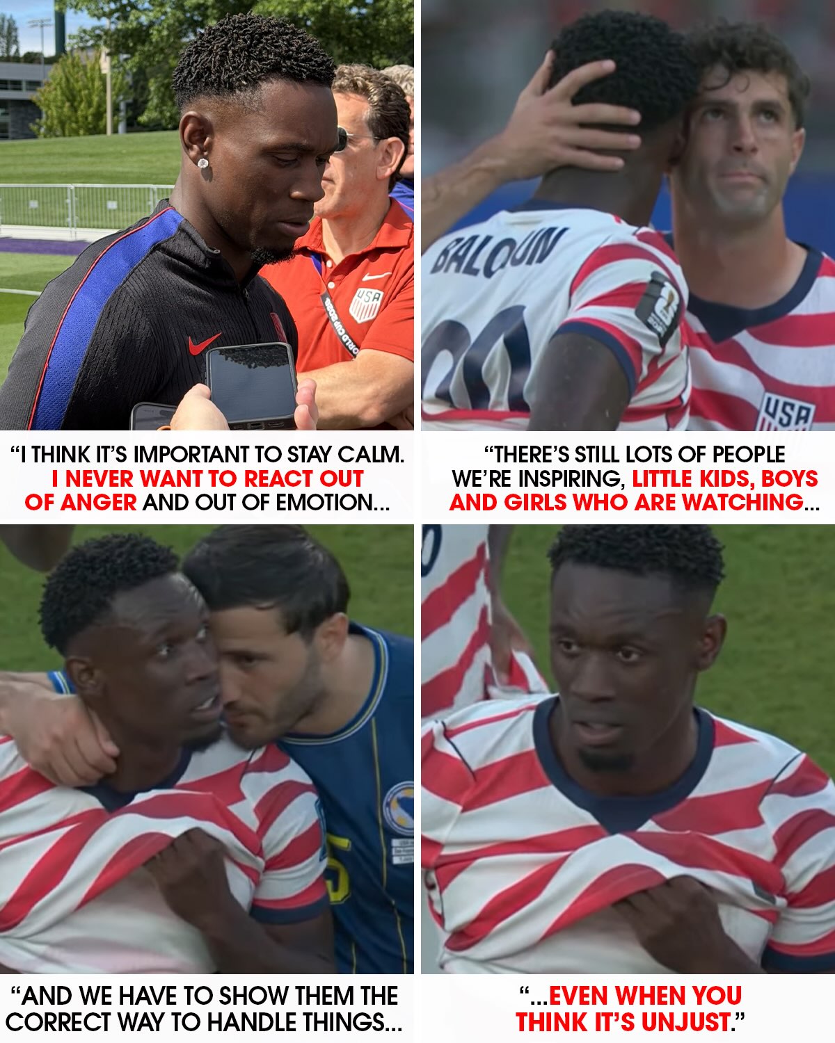 FLO BALOGUN SETS STRONG EXAMPLE ❤️🤍💙

The USMNT striker said he disagreed with the red card he received against Bosnia and Herzegovina, but he told reporters in Seattle on Friday it was nonetheless important to set an example for the children watching. 

“We have to show them the correct way to handle things, even when you think it’s unjust,” Balogun said.

His goals have won over countless Americans, as did his sending-off, but this will win him over even more 👏

📸: @tom_bogert