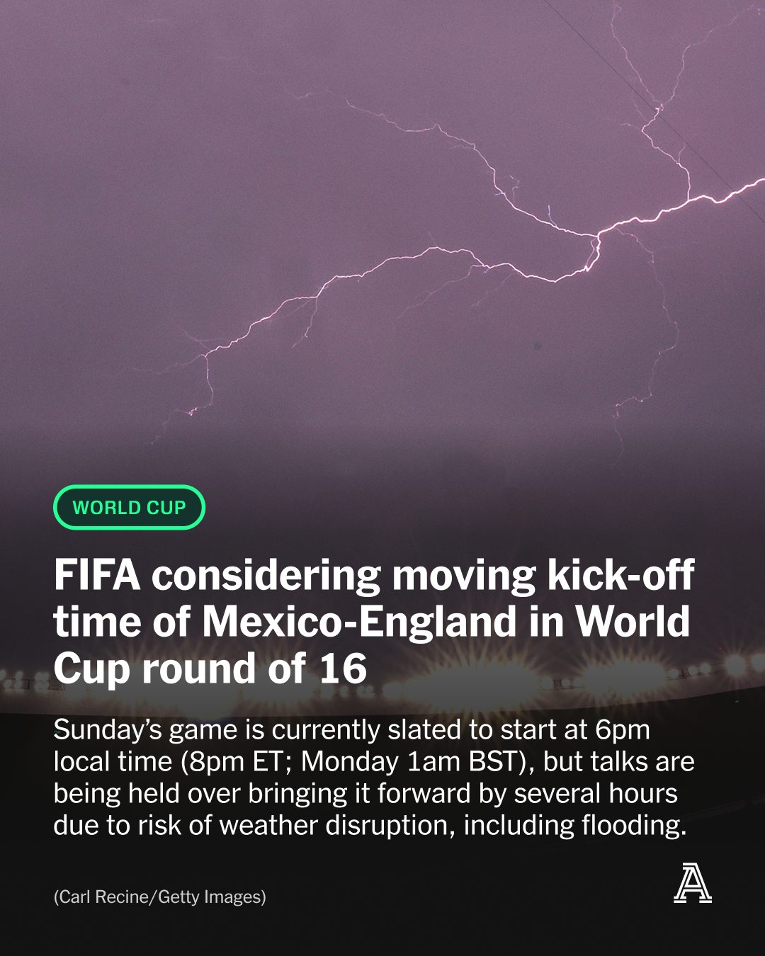 FIFA is considering bringing forward the kick-off time of England’s World Cup round-of-16 game against Mexico at the Estadio Azteca.

Extreme weather has already impacted one match in Mexico City during this World Cup. Kick off in Mexico’s round-of-32 tie against Ecuador was pushed back by an hour due to thunder and lightning in the surrounding area.

FIFA’s 2026 World Cup regulations state that world football’s governing body “has the right to cancel, reschedule or relocate one or more matches (or the entire FIFA World Cup 26) for any reason at its sole discretion, including as a result of force majeure or due to health, safety or security concerns.”

The Mexico-England game being brought forward to 2pm ET/7pm BST means it may overlap with the day’s other last-16 tie between Brazil and Norway, which is due to begin at 4pm ET/9pm BST at MetLife Stadium