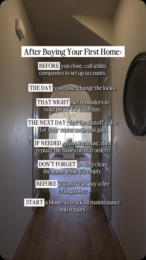You’re gonna want to save this for later.

The checklist doesn’t stop at the closing table. Keep this list nearby when you’re ready to move into your first Lubbock home.

All of these little details are easy to forget but are so important to your comfort and success as a new homeowner.

Follow me for first time homebuyer tips!