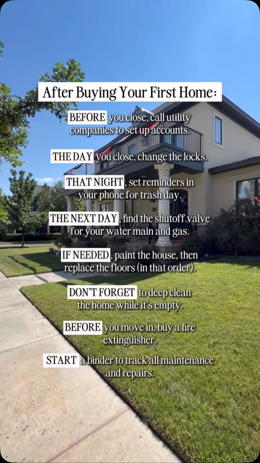You’re gonna want to save this for later.

The checklist doesn’t stop at the closing table. Keep this list nearby when you’re ready to move into your first Lubbock home.

All of these little details are easy to forget but are so important to your comfort and success as a new homeowner.

Follow me for first time homebuyer tips!