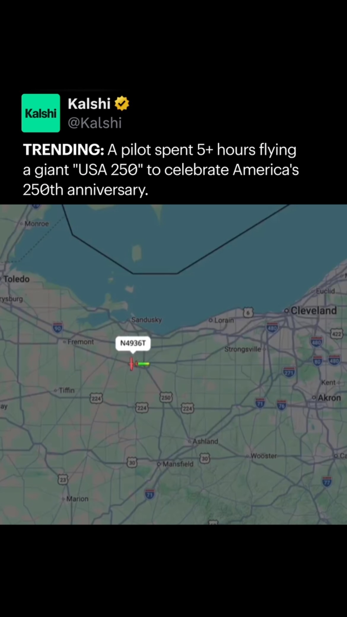 A pilot spent more than five hours flying a route that traced a giant "USA 250" to celebrate America's 250th anniversary. 

The flight path formed the patriotic design using GPS tracking data.