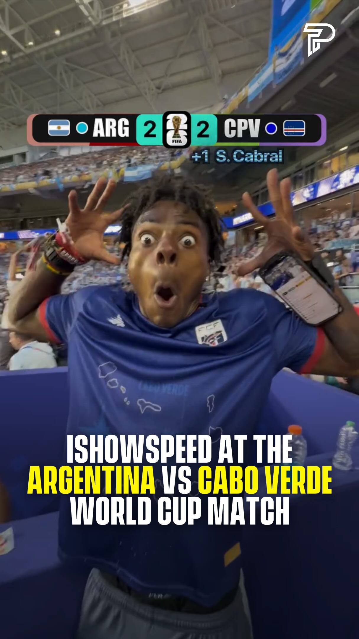 IShowSpeed showed up to Argentina vs Cape Verde at the World Cup wearing a Cape Verde jersey, and his face here says everything. The moment captures Sidny Cabral’s stunning equalizer making it 2-2, a curling strike many are calling the greatest goal in Cape Verdean football history.

Argentina eventually won 3-2 after extra time, with a Lionel Messi corner leading to an own goal sealing it. Speed, a self-confessed Ronaldo superfan, was cheering against Messi the whole night.

(via: @ishowspeed)

#Pubity #Viral #Sports