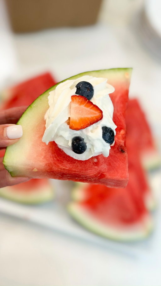 Happy 250th to America!🇺🇸 

It’s gonna be a HOT one today, add this refreshing watermelon treat (with and/or without vodka) to your menu today! 🍉🍉

Recipe: ⬇️
Plug watermelon with vodka for a few hours. (Or skip this step for N/A version). We do both!!

🍉Slice watermelon into triangles.
🇺🇸 Top with a whipped cream swirl
🍉 sprinkle blueberries & sliced strawberries 
🇺🇸 enjoy! 

Have a fun & safe 4th and FOLLOW @cltfoodgirl for more FOOD & FUN in Charlotte and beyond! 🫶