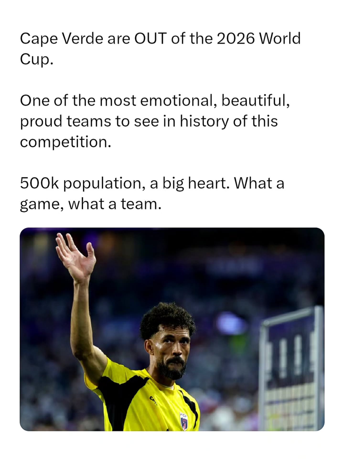 Football really is the beautiful game ❤️🇨🇻

Cape Verde's 2026 World Cup run was one of the tournament's biggest underdog stories. With a population of just over 500,000, they reached the Round of 32 and pushed Argentina to the limit before falling 3-2 in extra time after twice coming from behind.

They also finished the group stage unbeaten, drawing with Spain, Uruguay, and Saudi Arabia to advance ahead of Uruguay. Although their journey ended, they earned worldwide admiration and proved that heart can rival football's biggest nations.