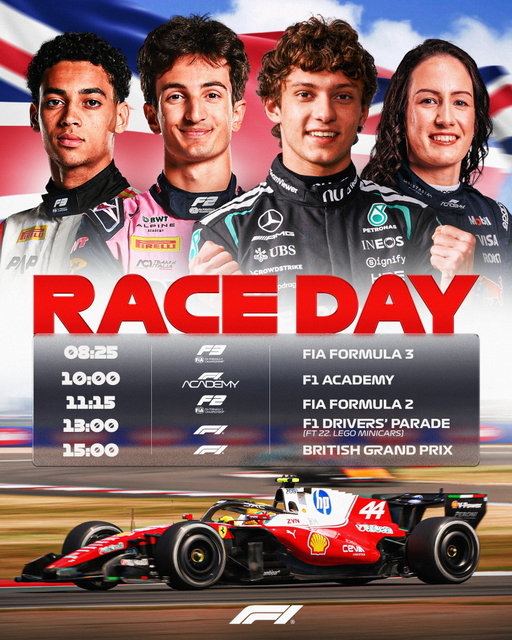 Set for a special Silverstone Sunday 😍 Here's the timings for race day! (+1 UTC)

Racing alongside @FIAF3, @F1Academy, and @Formula2! 

#F1 #Formula1 #BritishGP