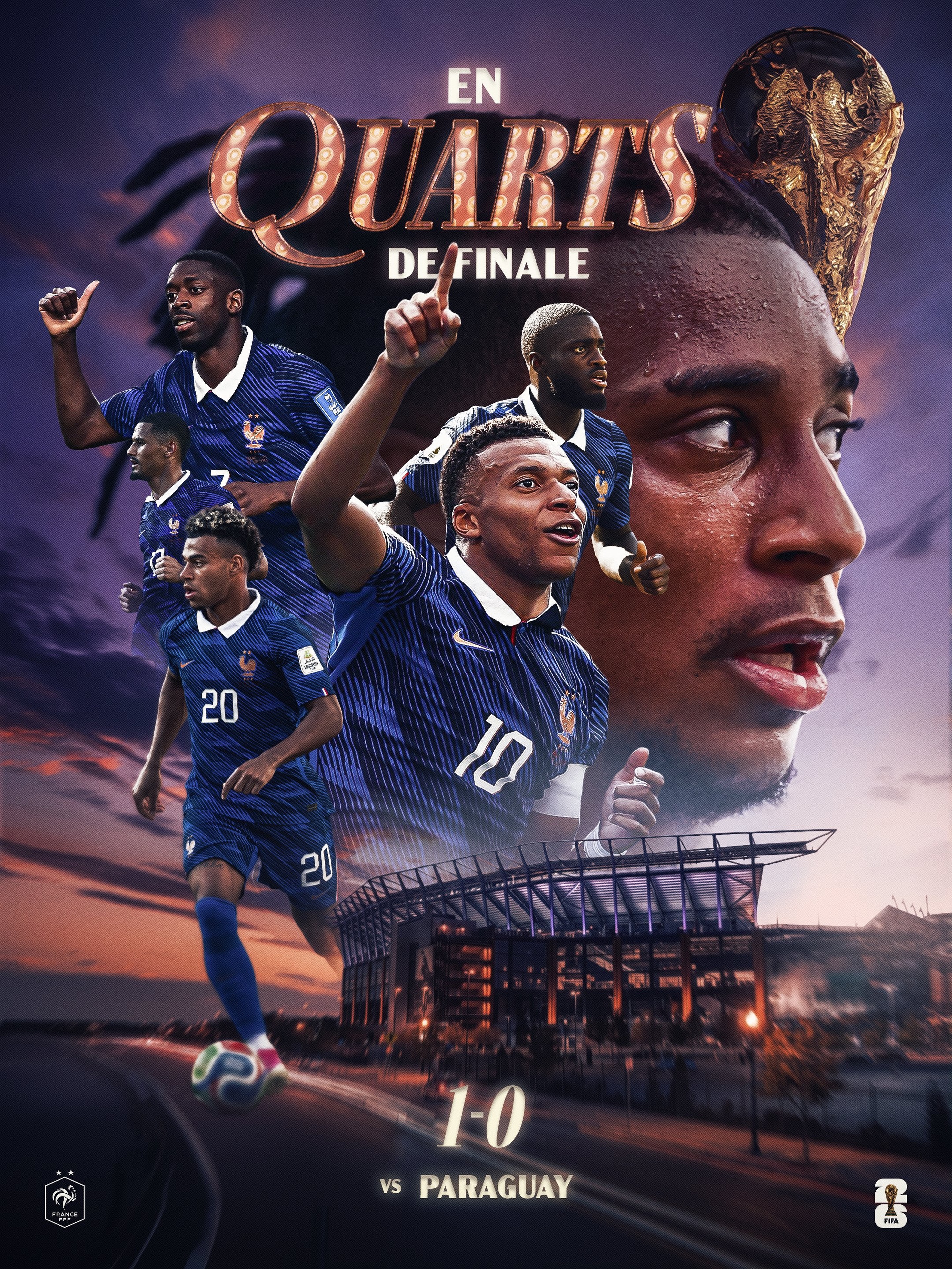 𝗘𝗡 𝗥𝗢𝗨𝗧𝗘 𝗣𝗢𝗨𝗥 𝗟𝗘𝗦 𝗤𝗨𝗔𝗥𝗧𝗦 𝗗𝗘 𝗙𝗜𝗡𝗔𝗟𝗘 ! 🤩🔥

Au terme d’un combat intense face au Paraguay, nos Bleus décrochent leur qualification et poursuivent leur aventure dans cette Coupe du Monde. 🇫🇷👊

Les Bleus secure their spot in the quarter-finals.

🇵🇾 0-1 🇫🇷 | #FIFAWorldCup