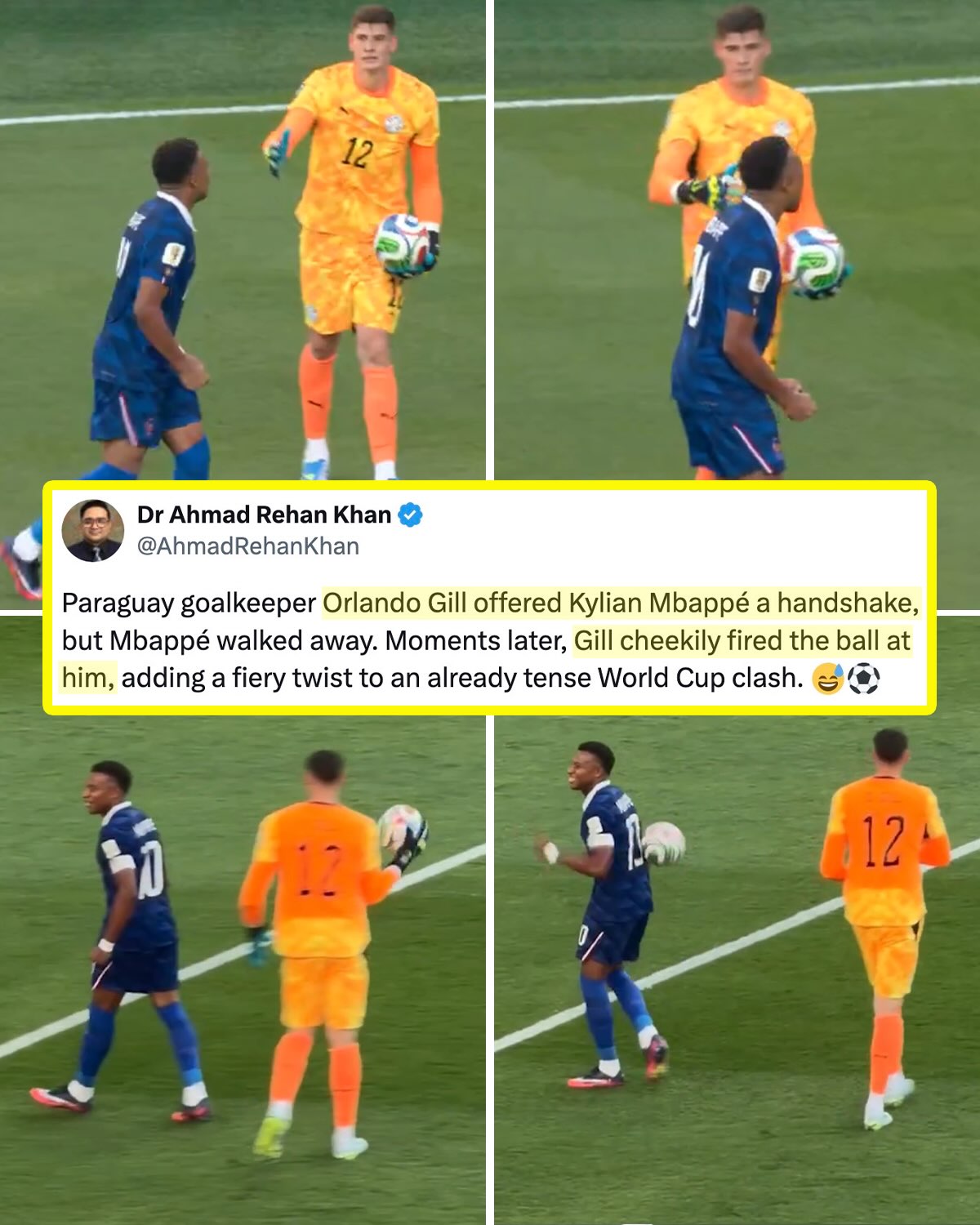 ALL IN A DAY’S WORK FOR ORLANDO GILL 😉

The Paraguayan goalkeeper turned in another Player of the Match performance against a European giant, this time with 4 saves in a 1-0 loss to France in the Round of 16. 

And he also nearly started a post-match brawl by lightly throwing the ball at Kylian Mbappé after the French striker ignored his handshake 😅