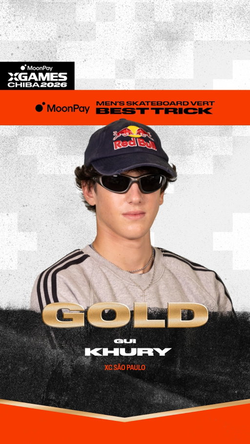 @gui_khury wins GOLD w/ a Kickflip body varial 900 in MoonPay Men’s Skateboard Vert Best Trick, his 8th title in this discipline. At just 17 years old, he now has 12 total X Games medals 🥇

@moonpay X Games Chiba 2026