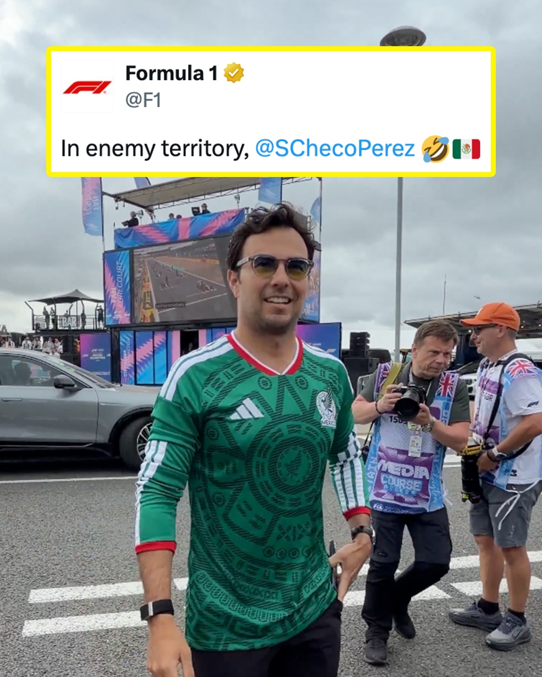GOING BEHIND ENEMY LINES AHEAD OF MEXICO VS. ENGLAND 👀

F1 driver Sergio Perez turned up to this weekend’s British Grand Prix at Silverstone wearing a Mexico jersey 🇲🇽