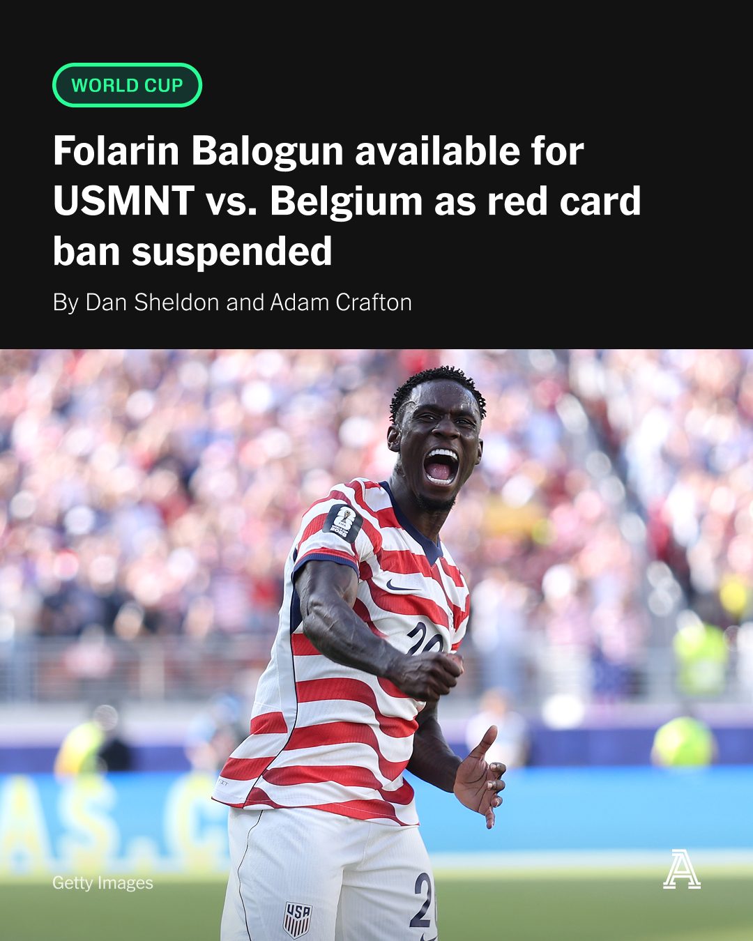 Folarin Balogun will be available to play the USMNT’s round of 16 match against Belgium with his one-game red-card ban suspended.

The 25-year-old received a straight red card against Bosnia and Herzegovina.

Multiple FIFA officials told The Athletic after the game that a team is not able to appeal against a red card or the subsequent suspension.

However, Balogun is set to be available to face Rudi Garcia’s side as his suspension has been suspended.