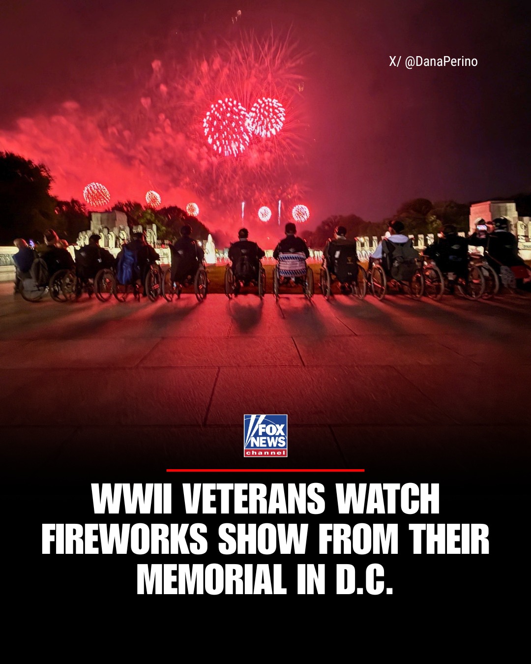 WWII veterans watch the fireworks display from their memorial in D.C. after being featured in President Trump's address honoring 250 years of American freedom.

📸: @danaperino