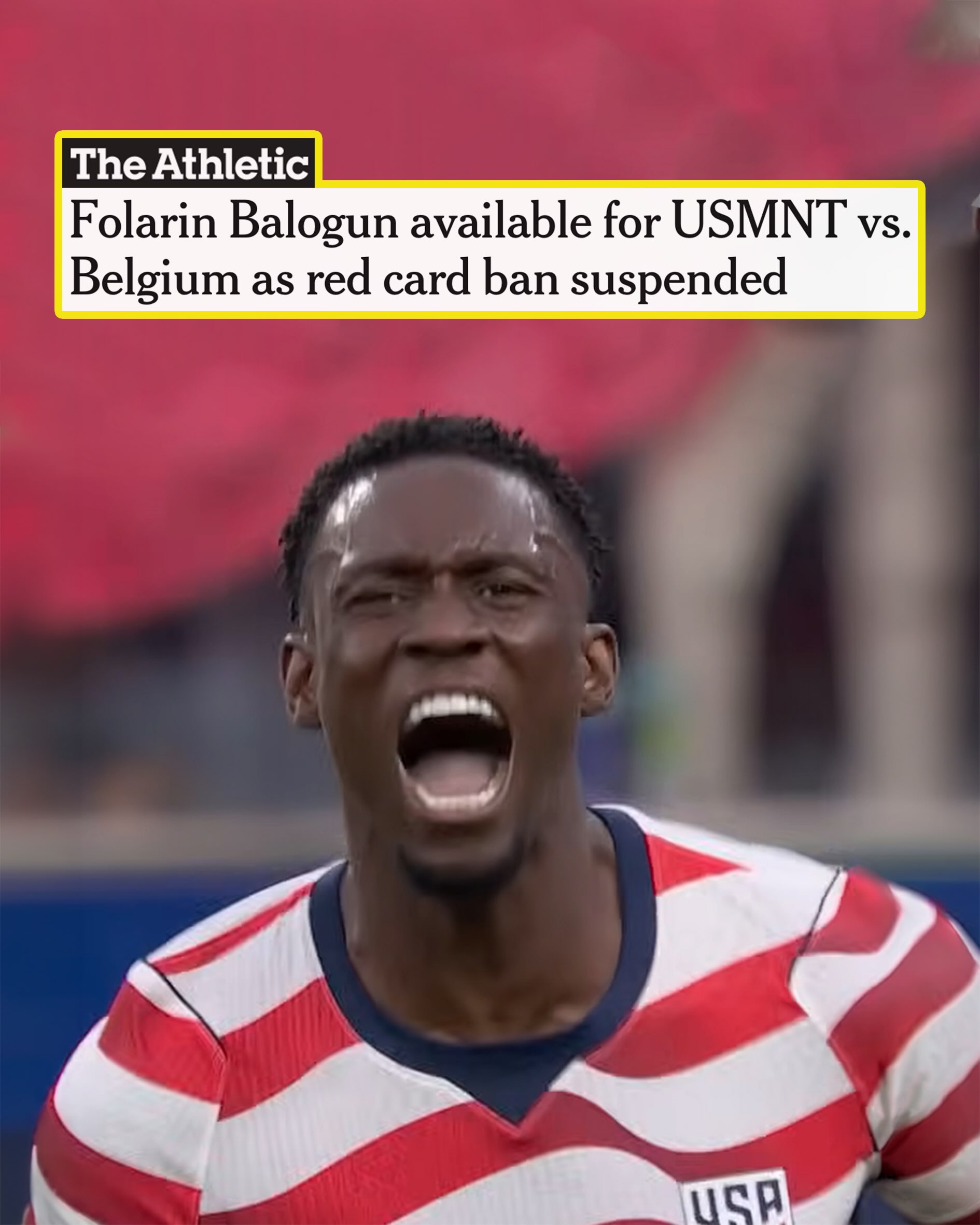 EXTRAORDINARY USMNT BREAKING NEWS 🤯

Huge for the USMNT, as The Athletic reports that top scorer Folarin Balogun’s one-game ban for receiving a red card vs. Bosnia and Herzegovina has been suspended. While FIFA officials said the USMNT could not appeal the decision, the ruling comes per Article 27 of FIFA’s disciplinary code, which states that “the judicial body may decide to fully or partially suspend the implementation of a disciplinary measure” 🇺🇸