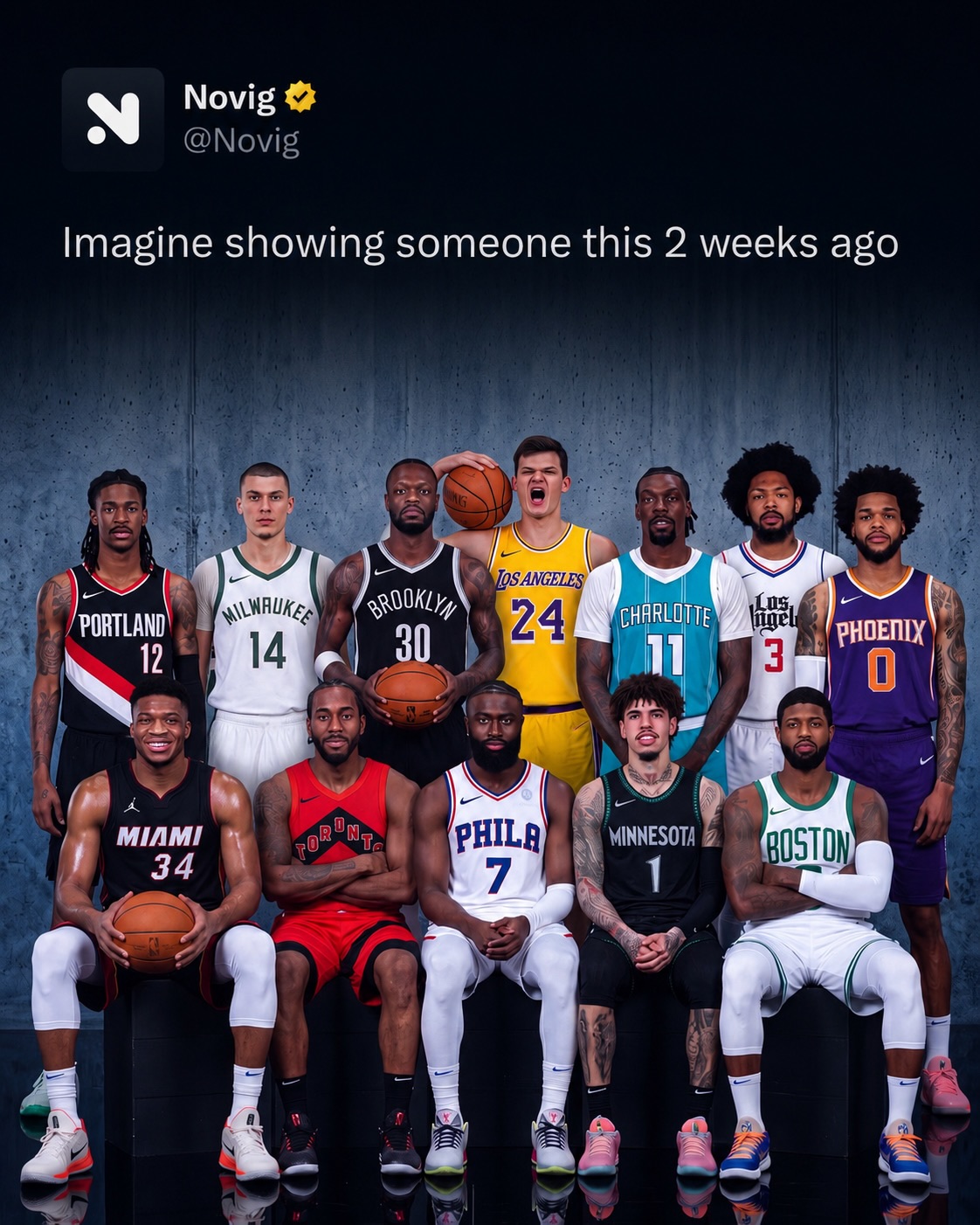 Safe to say it’s been an INSANE NBA offseason…

The biggest moves so far:

1. Giannis Antetokounmpo → Heat
2. Jaylen Brown → 76ers
3. Paul George → Celtics
4. Kawhi Leonard → Raptors
5. Ja Morant → Trail Blazers
6. LaMelo Ball → Timberwolves
7. Julius Randle → Nets
8. Brandon Ingram → Clippers
9. Tyler Herro → Bucks
10. Naz Reid → Hornets
11. Walker Kessler → Lakers
12. Miles Bridges → Suns

And there are still some BIG names available…

PG:
J. Harden
R. Westbrook

SG:
B. Mathurin (R)
B. Brown
B. Beal

SF:
K. Middleton
S. Jones
M. Thybulle

PF:
L. James
P. Watson (R)
D. Green

C:
J. Duren (R)

Follow @Novig to find out where all the remaining stars land!
