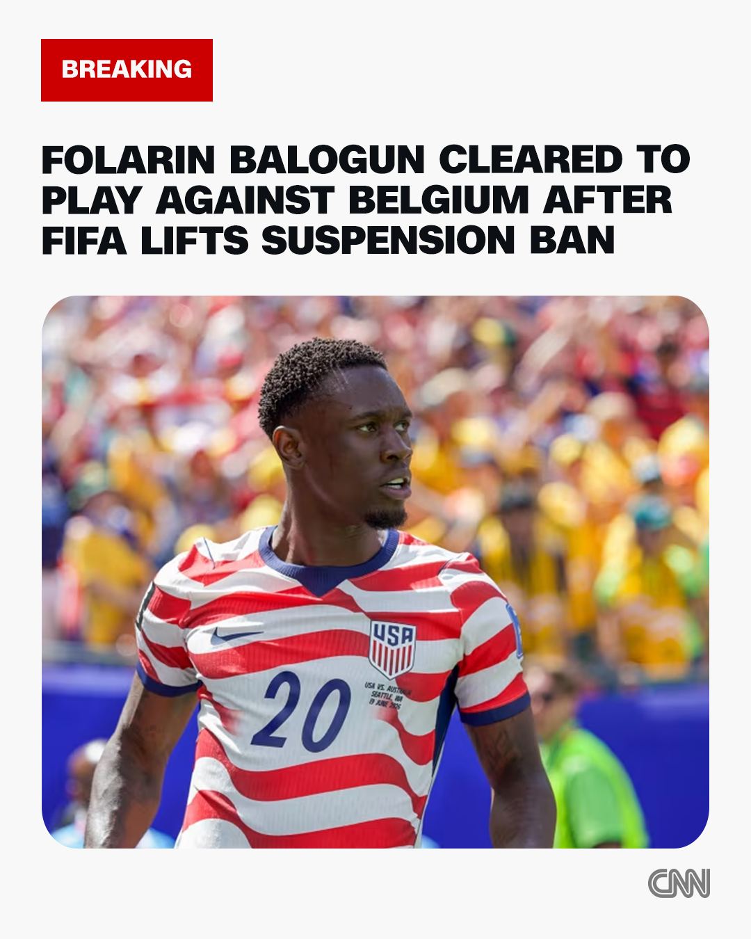 In a stunning twist ahead of USA's World Cup Round of 16 match against Belgium, the FIFA Disciplinary Committee has confirmed that United States men's national team striker Folarin Balogun will be eligible to play on Monday.

The 25-year-old forward was facing an automatic one-match suspension following a straight red card during the USMNT's 2-0 Round of 32 victory over Bosnia and Herzegovina on July 1.

Balogun was sent off in the 64th minute following a VAR review for a challenge that stepped on the ankle of Bosnian defender Tarik Muharemovic—an offense classified under "serious foul play."

Read more at the link in our bio.

📸: Al Sermeno/ISI Photos/Getty Images