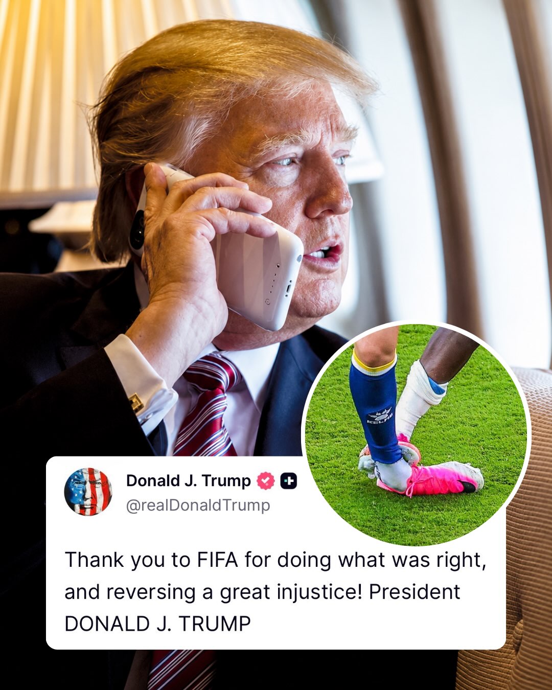 🚨Donald Trump on Truth Social: “Thank you to FIFA for doing what was right, and reversing a great injustice! President DONALD J. TRUMP