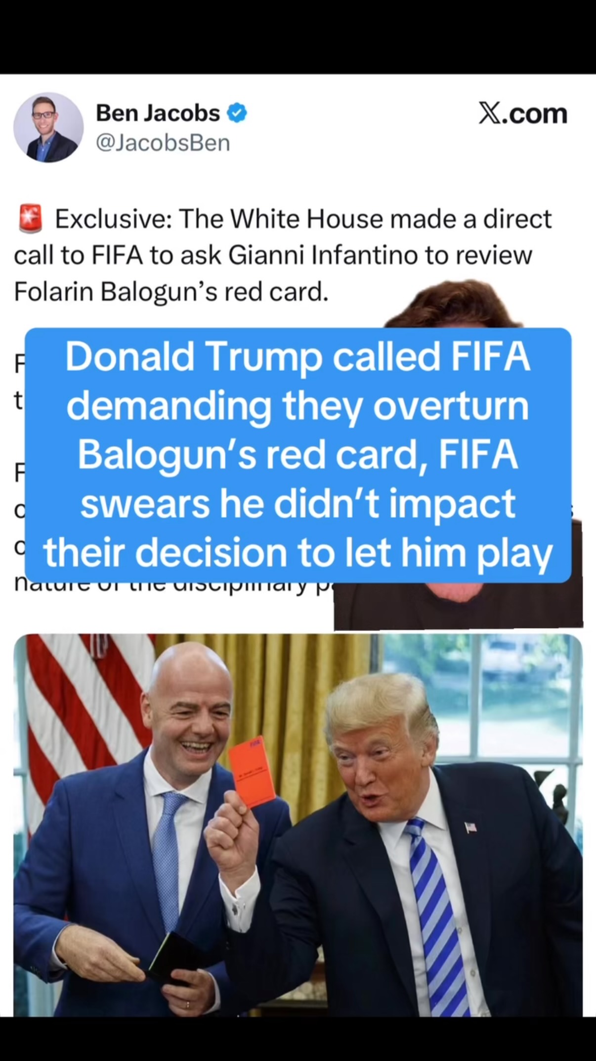 Donald Trump called FIFA demanding they overturn Balogun’s red card, FIFA swears he didn’t impact their decision to let him play. Yea sure FIFA. IN YOUR BRA