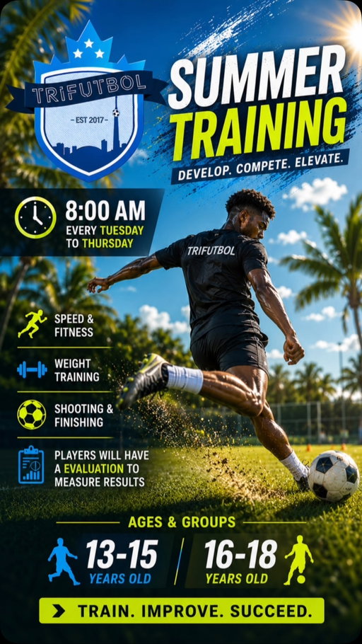 Join our Summer Training Program and take your game to the next level with high-performance sessions designed to develop complete footballers.

💥 What you’ll work on:
⚡ Speed & Fitness
🏋🏾 Weight Training
🎯 Shooting & Finishing
📊 Player Evaluations to measure progress and track results

🗓 Every Tuesday – Thursday (3X a week)
🕗 8:00 AM

👥 Age Groups:
🔹 13–15
🔹 16–18

This isn’t just training—it’s a chance to improve, compete, and see measurable growth throughout the summer.

#youthsoccer #soccer #OPDL #ontariosoccer #pickeringsoccer