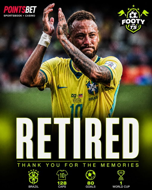 BREAKING: NEYMAR ANNOUNCES RETIREMENT FROM INTERNATIONAL FOOTBALL 🇧🇷🚨

Neymar scored his last goal of his World Cup career 🏆⚽️

“I tried again and again. It started here at Met Life stadium and I finished here. Now, it’s over.” 🥺

🏟️ 130 games
⚽ 80 goals
🅰️ 59 assists
🥇 2016 Olympics 
🏆 2013 Confederations Cup 

139 G/A in 130 games 😳

An absolute Brazilian legend. Thank you for everything, Neymar. ❤️🇧🇷