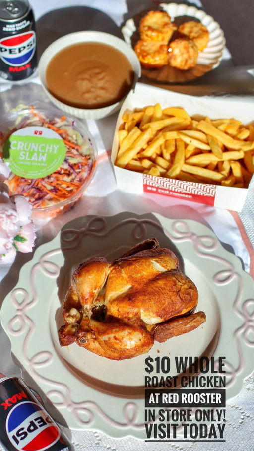 No other fast food chain does this!!

A whole roast chicken for just $10?! Yep, you read that right.

I finally tried @redrooster_au famous whole roast chicken and now I get the hype. Every chicken is hand-seasoned and stuffed, prepared fresh by hand (not frozen!), then slow-roasted for 55 minutes until the skin is perfectly golden and crispy while the meat stays juicy and tender.

Even better? They’re cooked fresh in-store daily, not reheated or shipped pre-made—and that’s what makes the difference. No one does roast chicken quite like Red Rooster. I got mine with a side of gravy, chips, slaw and drinks and corn Cob. 

The $10 Whole Roast Chicken offer is available in-store only, Monday–Wednesday, so don’t miss out!

 #redroosterau #brandedcontent
